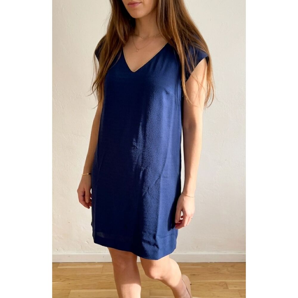 Gerard Darel Pablo Navy Blue V Neck Cap Sleeve Lined Shift Mini Dress Sz 38